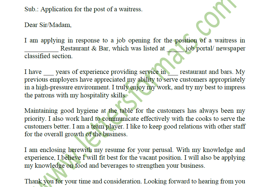 application letter for a waitress in nigeria